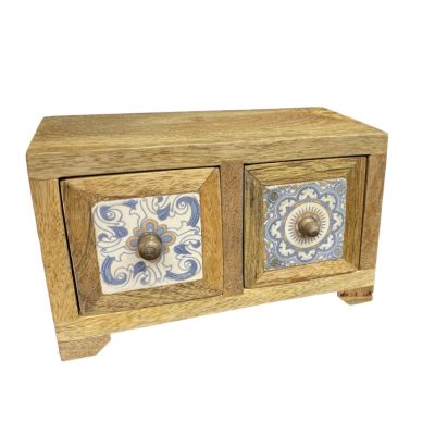   Antikolt mangófa fiókos szekrényke kerámia betéttel 2 fiókkal